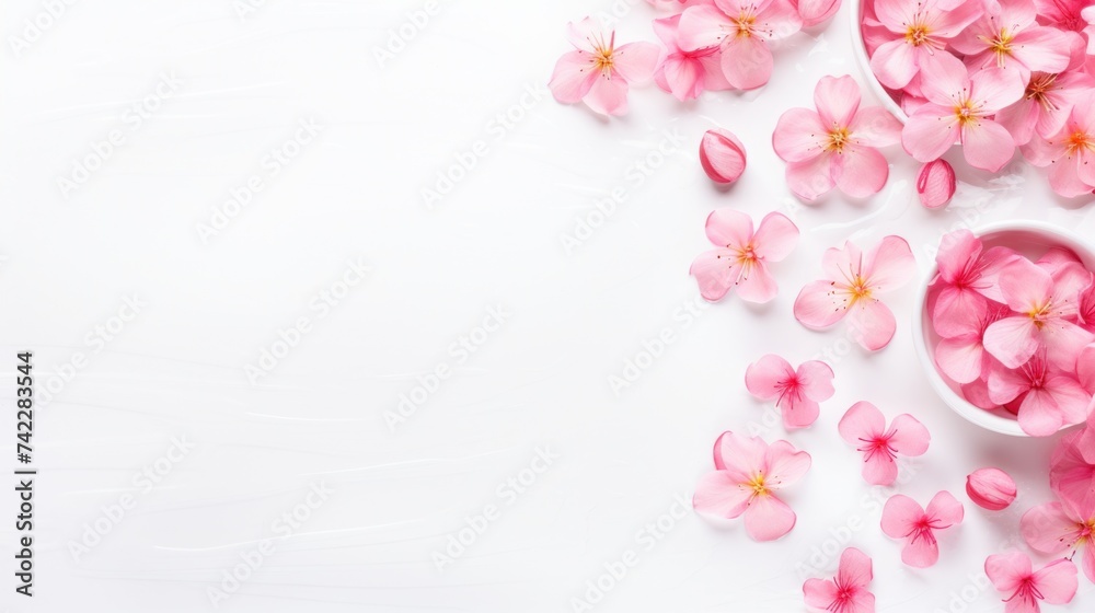 Spring pink flowers background with empty space on the white table top. Spa relax backdrop for advertising product