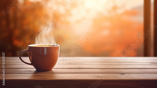 Cup of coffee on wooden table top. Morning relaxation banner
