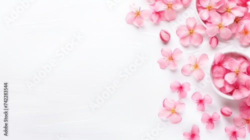 Spring pink flowers background with empty space on the white table top. Spa relax backdrop for advertising product