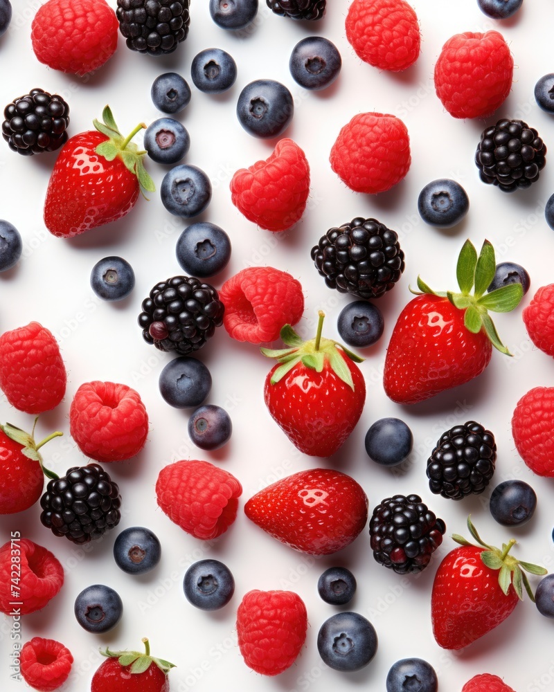 Fresh berries and raspberries on white background. Generative AI. Fresh berries and raspberries on white background. Generative AI.