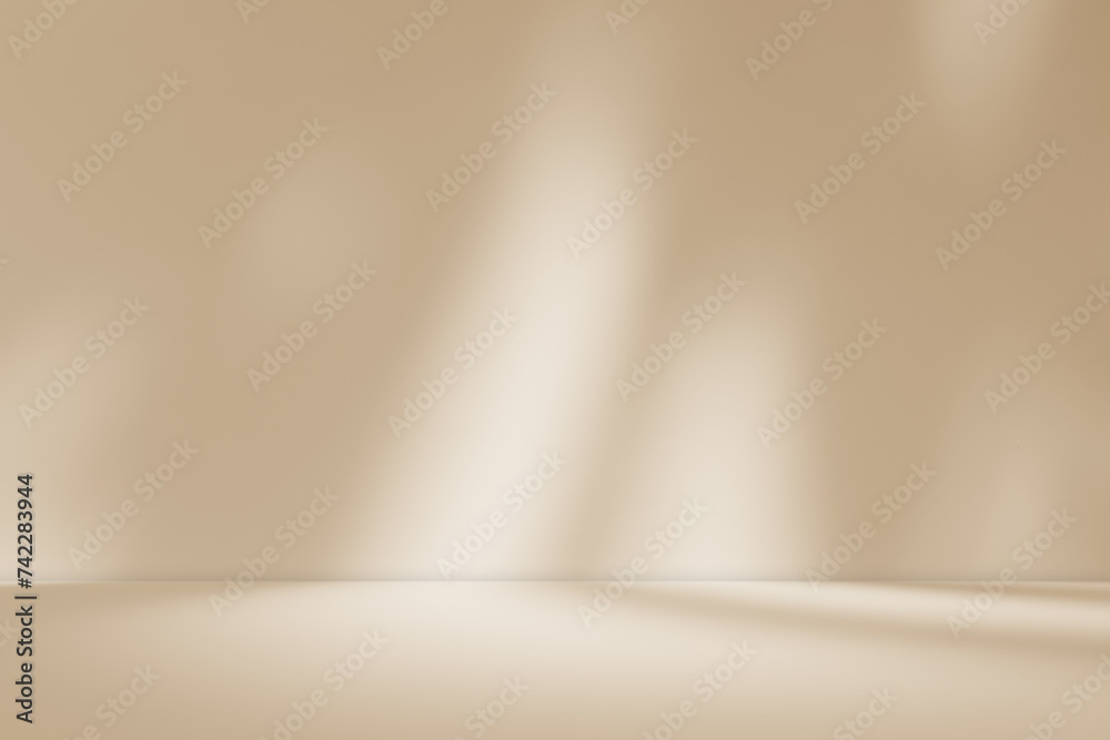 Empty brown cream beige room studio with shadow of leaves for product presentation. Autumn background. Summer tropical backdrop. Cosmetic showroom. Empty brown cream beige room studio with shadow of leaves for product presentation. Autumn background. Summer tropical backdrop. Cosmetic showroom.