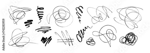 Hand Drawn Scribble Pencil Line Set. Scratch Texture Sketchy Graphic Collection. Sloppy Hatching, Highlighter for Modern Design. Vector Illustration Isolated on White Background. Ballpoint Round Swirl