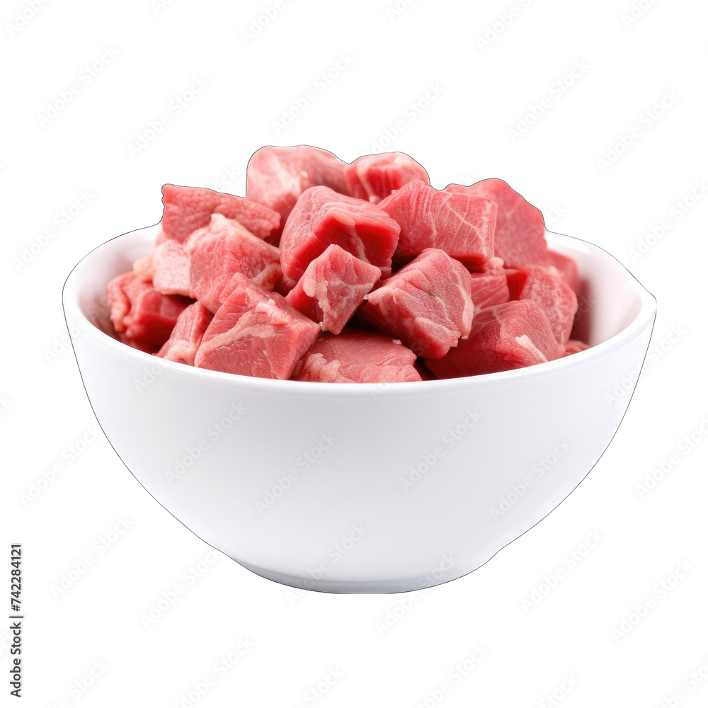 macroRaw beef cubes in a white ceramic bowl png macroRaw beef cubes in a white ceramic bowl png
