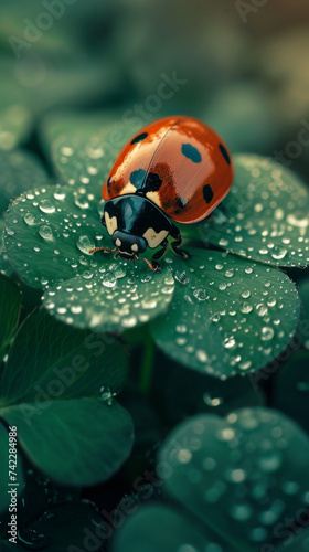 Vibrant Ladybug on a Dew-Kissed Clover: A Macro Masterpiece