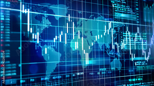 モニタに出力された株価チャートと世界地図 photo