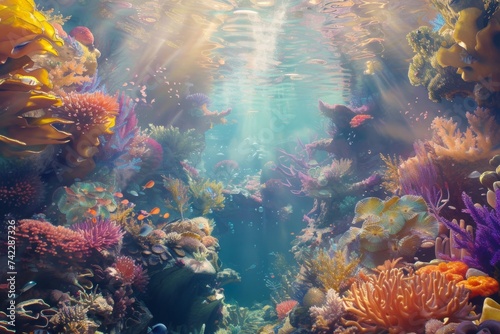 An underwater garden with coral reefs colorful marine life and sun rays penetrating the water surface