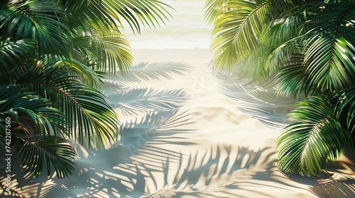 Realistic coconut leaves sway against the backdrop of a white sand beach  capturing the essence of tropical serenity.