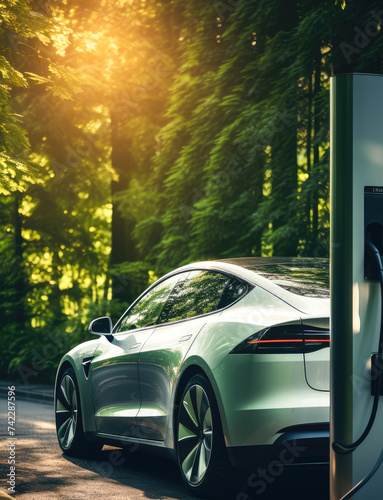 Electric vehicle charging at a solar-powered station, showcasing eco-friendly energy use and sustainability