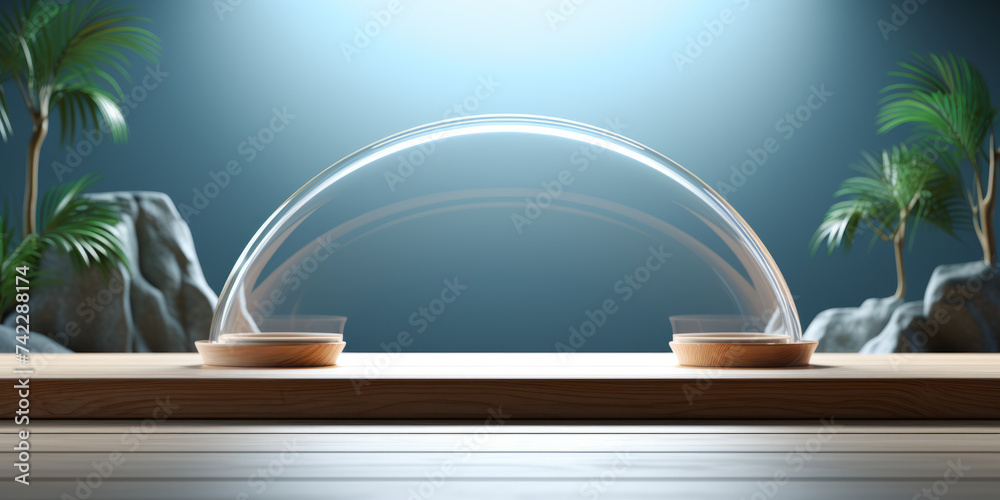 Glass podium, blue studio background with plants and rocks Cosmetics and moisture beauty natural product present placement pedestal promotion display, jungle or summer concept. Glass podium, blue studio background with plants and rocks Cosmetics and moisture beauty natural product present placement pedestal promotion display, jungle or summer concept.