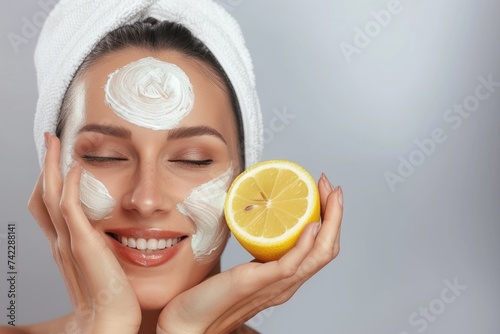 A close-up of the face of a young girl with closed eyes who has white cream smeared on her face and is holding half a lemon against her cheek. Light gray background.