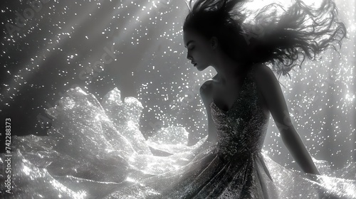 A girl in a shiny dress underwater. Generated AI