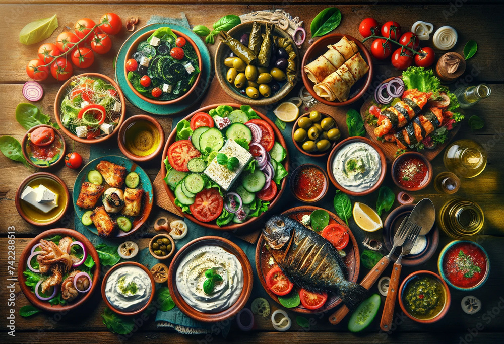 traditional Greek food, beautifully arranged on a wooden table background