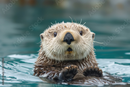 Portrait of a cute sea otter with its paws raised from water, a wet predatory animal in water looking at camera photo