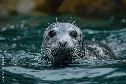 Portrait of a cute seal in water, northern animal looking at camera close-up