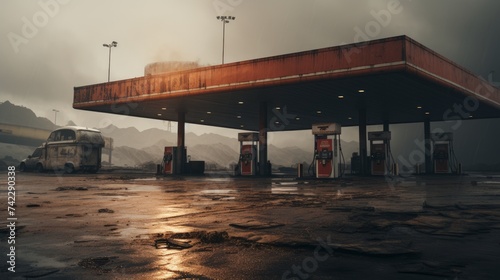 Generative AI Deserted Gas Station Forecourt ::1 visual portraying an empty gas station forecourt with no vehicles, unoccupied fuel pumps, and vacant parking spaces --ar 16:9 --stylize 250 --v 5.2 Job