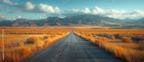 An empty road leading to the mountains through a desert area. Generated AI