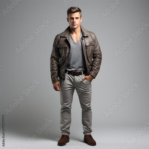 Masculine Man in Casual Shirt and Trousers, Posing with Hands in Pants Pockets on Studio Background © Resdika