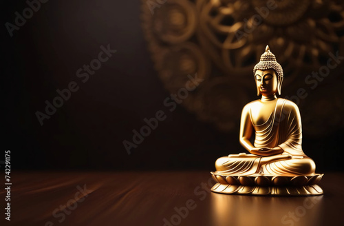 Portrait of a golden buddha on a dark background with copy space. Generative AI photo