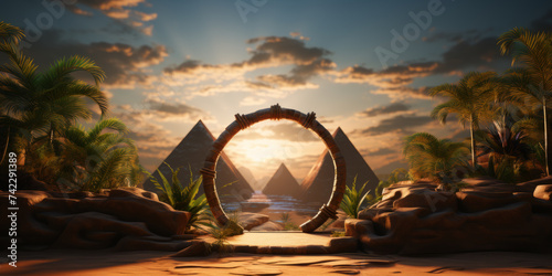 Wooden stargate portal style podium in ancient Egypt with pyramids and palm tress on background.
