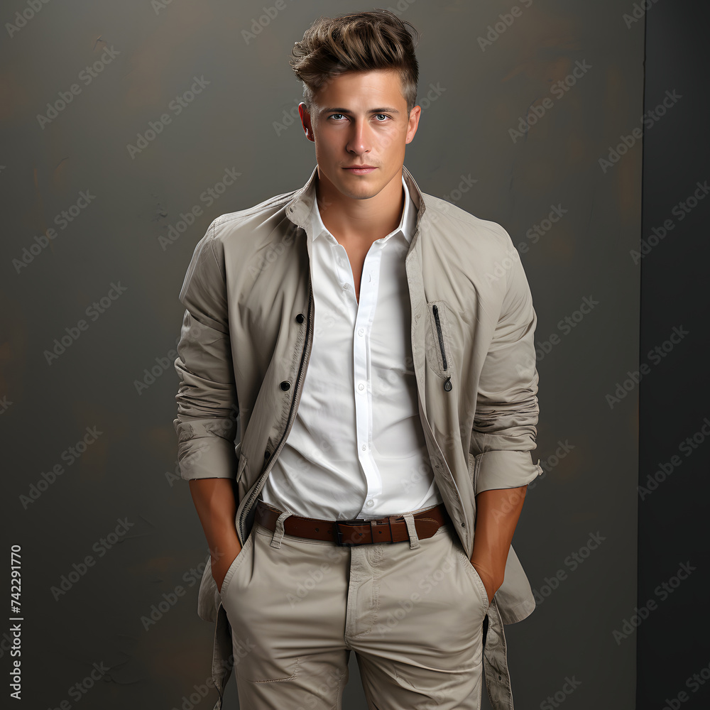 Fototapeta premium Man in Casual Gray Shirt and Trousers, Posing with Hands in Pants Pockets on Studio Background. Male Model