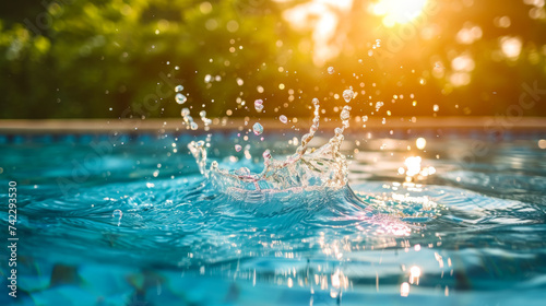 A splash of refreshing water leaps from a crystal-clear pool  captured mid-air  showcasing the essence of vitality and the pure joy of a carefree summer day