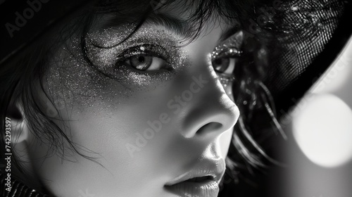 The face of a girl in a black hat. Generated AI