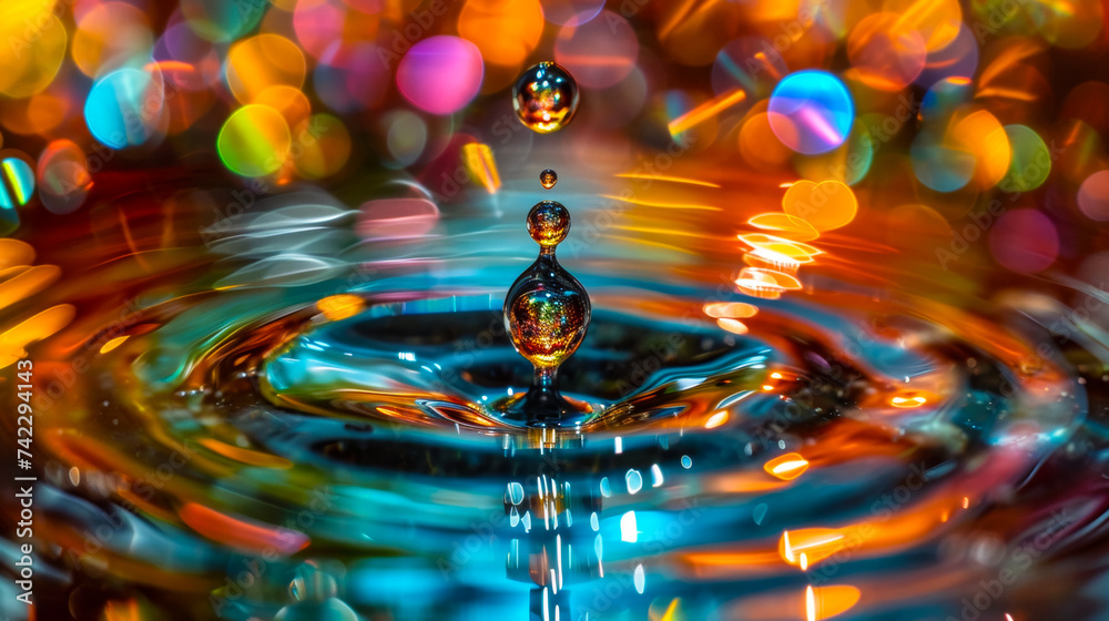 A crystal-clear droplet dances mid-air, sunlight catching its iridescence, as it plunges into a serene pond, creating ripples and reflections that mesmerize the onlooker