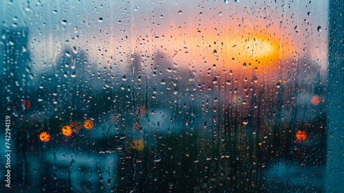 A close-up of a water droplet on a window pane refracts the world outside, distorting and amplifying the urban landscape into an abstract, ethereal mosaic photo
