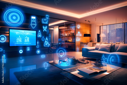 Concept art of a digital holographic artificial intelligence  AI  smart technology in a house and a flat. modern living room with blue and white virtual reality interface and icons