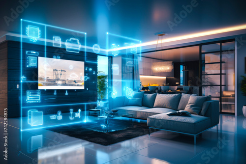 Concept art of a digital holographic artificial intelligence (AI) smart technology in a house and a flat. modern living room with blue and white virtual reality interface and icons © MVProductions