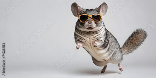 Portrait of a joyful jumping chinchilla in sunglasses against a light background. Promotional banner with copy space. Creative animal concept.