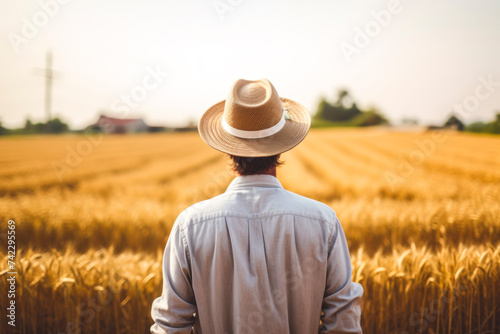 adult white american farmer man standing on a wheat grass field, wearing a hat. view behind his back, blurry background