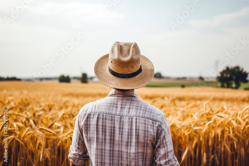 adult white american farmer man standing on a wheat grass field, wearing a hat. view behind his back, blurry background © MVProductions