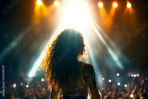 a beautiful female singer giving music concert performance in a huge crowded stadium arena hall on a stage. Epic lights and flashlights. singer with a backless dress and curly hair photo
