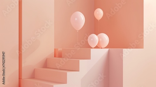 Ascendancy Haven: Building Staircase Crowned with a Cascade of Balloons_Generative AI