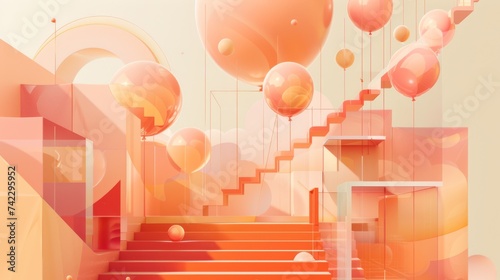 Ascendancy Haven: Building Staircase Crowned with a Cascade of Balloons_Generative AI