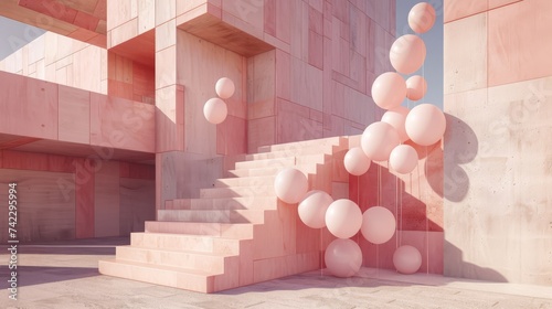 Ascendancy Haven: Building Staircase Crowned with a Cascade of Balloons_Generative AI