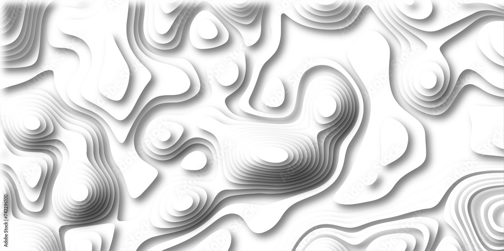 3D Papercut Stylized White topographic contour scheme and terrain. Topography grid map. Contour map background. Geographic line mountain relief. Abstract lines or wavy backdrop background.