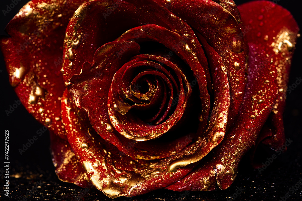 Naklejka premium Golden rose. Close-up of golden roses on black background. Creative floral concept. Bloom wallpaper. Gold rose flower, decorative design element, floral pattern, decoration, decor.
