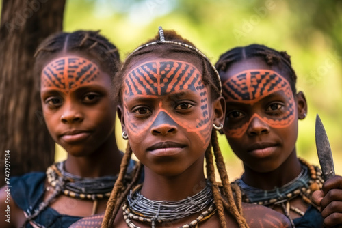 Children from a african tribe half naked with cultural tattoos make-up, cosmetics and wooden stone spear weapon. Ethnic groups of africa