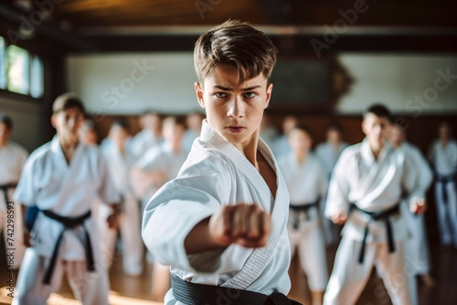 Karate asian martial art training in a dojo hall. young man wearing white kimono and black belt fighting learning, exercising and teaching. students watching in the background