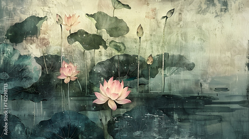 Ancient Chinese Painting Drawing Style of Lotus Flowers in the River