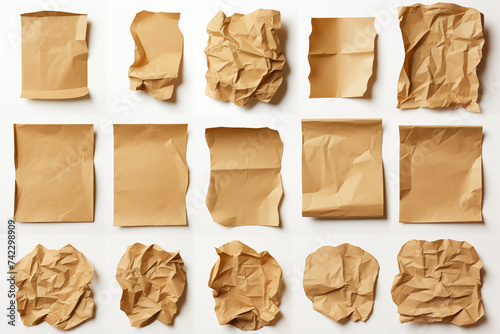 Collection real brown paper torn or ripped pieces of paper on white background