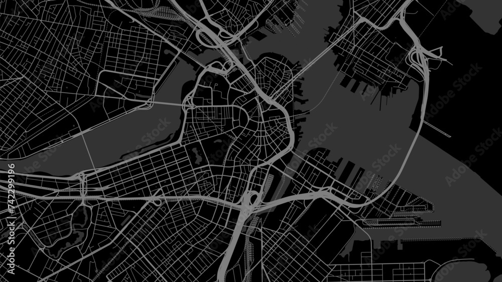 Background Boston map, United States, black city poster. Vector map with roads and water. Widescreen proportion, flat design roadmap.
