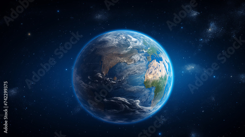 Planet Earth with detailed relief and atmosphere. Blue space background with earth and galaxy. © Pakhnyushchyy