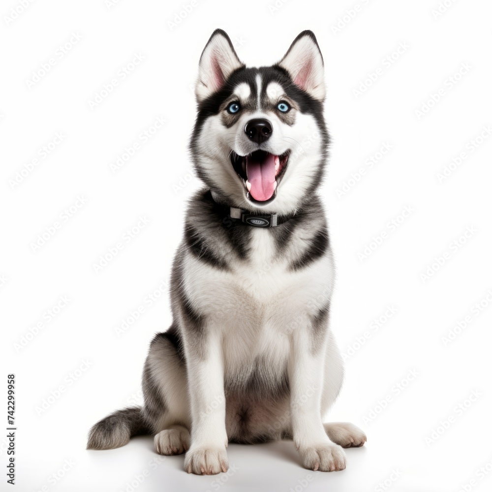 Jovial Siberian Husky sitting on a white background, bright eyes, playful stance Generative AI