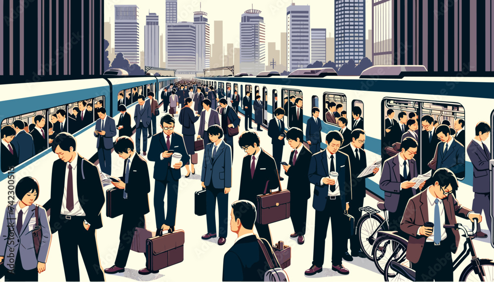 Concept vector illustration of businessmen commuting to work.