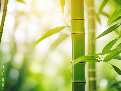 Background blurred light green  yellow  pastel colors  bamboo leaves  bamboo trunk in the foreground right  diffused sunlight in the morning