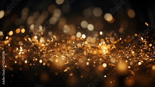 Dark abstract background with golden waves and particles