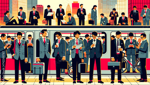 Concept vector illustration of businessmen commuting to work.